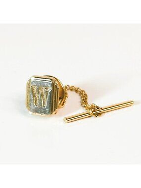 Gold & Silver Tone W Monogram Tie Tack With Chain Mens Formal Accessory